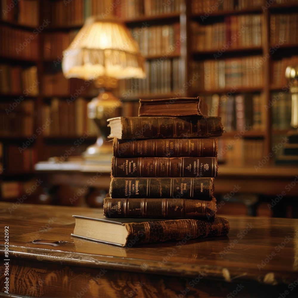 Poster Stack of Leather-Bound Books on a Wooden Table in a Library