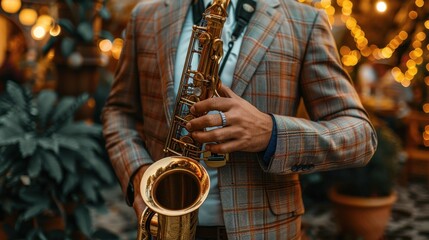 Fototapeta premium someone is playing saxophone close up