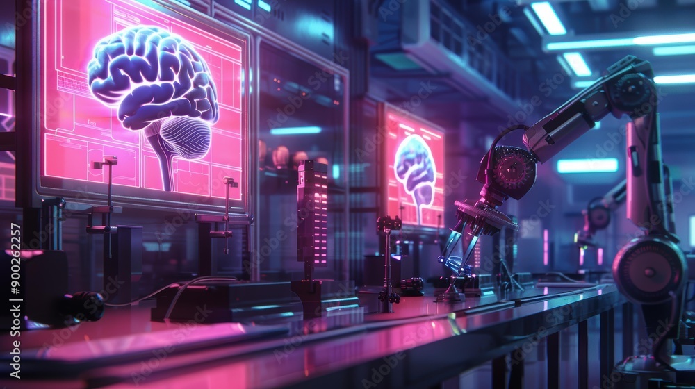 Poster futuristic laboratory with robotic arm studying a digital brain