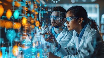 Dynamic Research and Development Consultation in High-Tech Lab with Double Exposure Tech Lab Backdrop