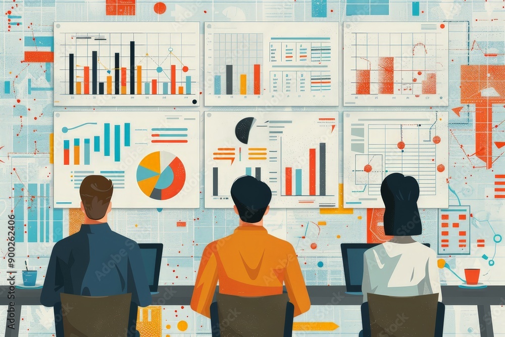 Aufkleber focused team analyzing data visualizations in a modern office