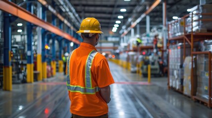 Ensuring Safety Compliance: Supervisor Silhouette Inspecting Vibrant Factory Floor in Industrial Setting
