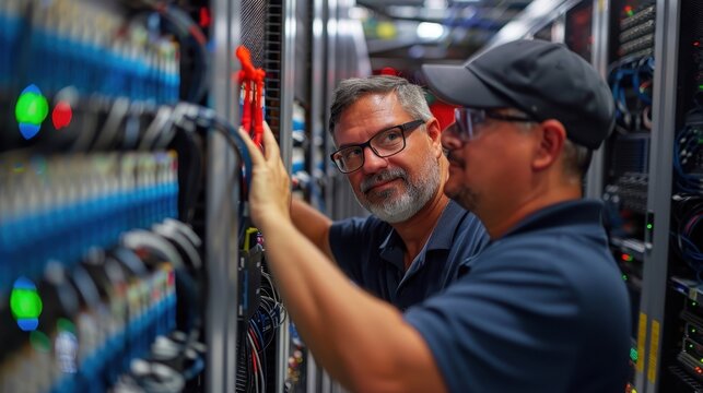 Digital Defense Inspection: Supervisor Evaluating Cybersecurity Measures with IT Inspector in Surreal Composite Server Room