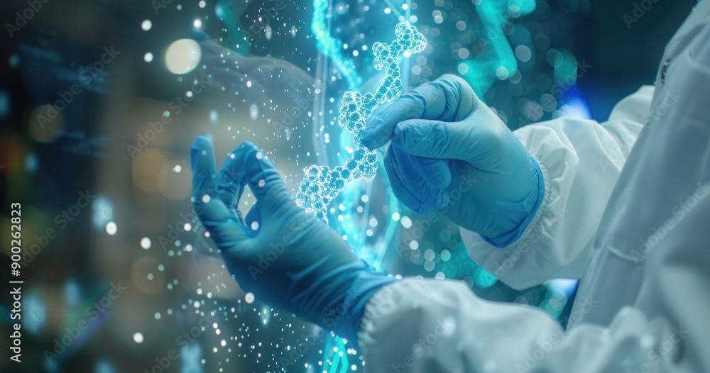 Poster A scientist in a lab setting interacts with a digital holographic molecular structure