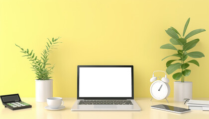 Fototapeta premium Efficient Tax Preparation Workspace with Laptop, Calculator, and Forms on Desk against Yellow Background for Copy Space