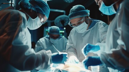 A group of surgeons performing a medical procedure in a sterile operating room