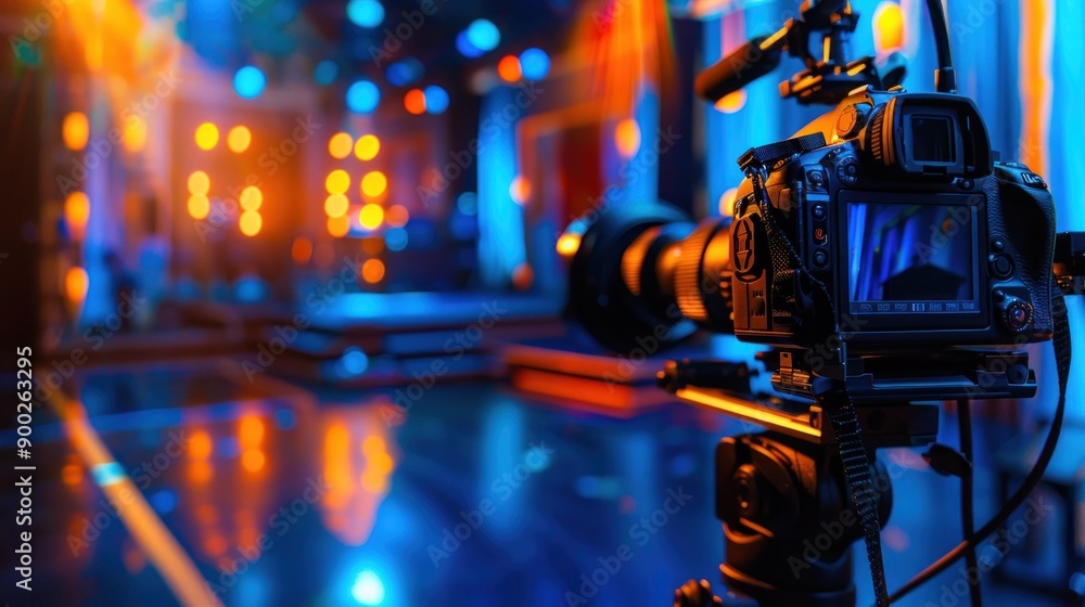 Poster A camera on a tripod positioned in front of a stage illuminated with colorful lights