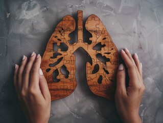 A wooden puzzle of a human lungs being held by two hands, a detailed and realistic representation for educational or medical use