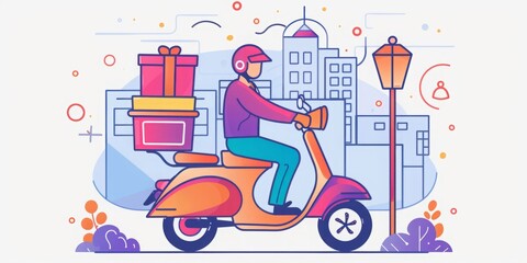 Urban Express: Vibrant Illustration of a Delivery Man on Scooter with Packages