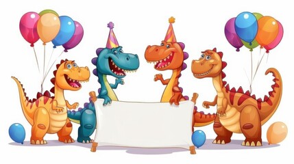 Colorful cartoon dinosaurs celebrate a birthday with balloons and a blank banner, perfect for festive, playful themes.