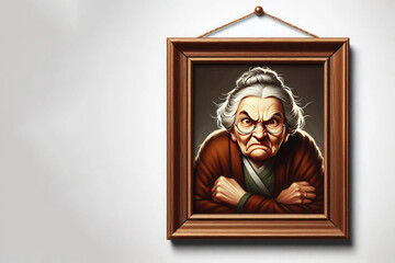 Fototapeta premium An angry old woman depicted in a portrait hanging on the wall. Space for text.