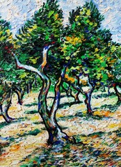 hand painted original impressionism art oil painting view olive tree thailand