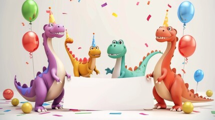 Colorful dinosaurs celebrate a birthday with balloons and confetti, perfect for children's party themes and joyful decorations.