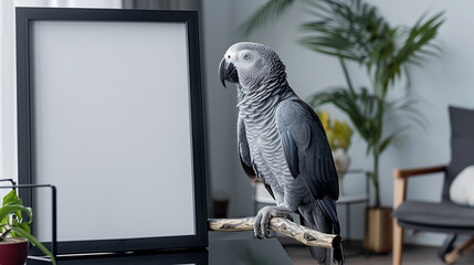 Obraz premium A grey parrot perched on a branch indoors next to a blank picture frame, providing ample space for copy.
