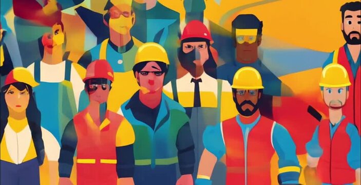 bright video banner with a group of people of different professions on Labor Day