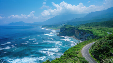 Fototapeta premium Curved coastal road along a cliffside with a scenic view of the ocean and waves crashing against the shore.