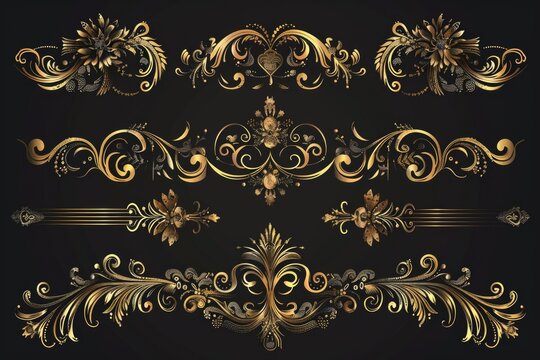 Ornate gold design elements on a black background, ideal for use in luxury product designs or modern graphic art projects