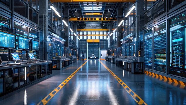Futuristic Server Room with Bright Lights and Yellow Stripes - Powered by Adobe