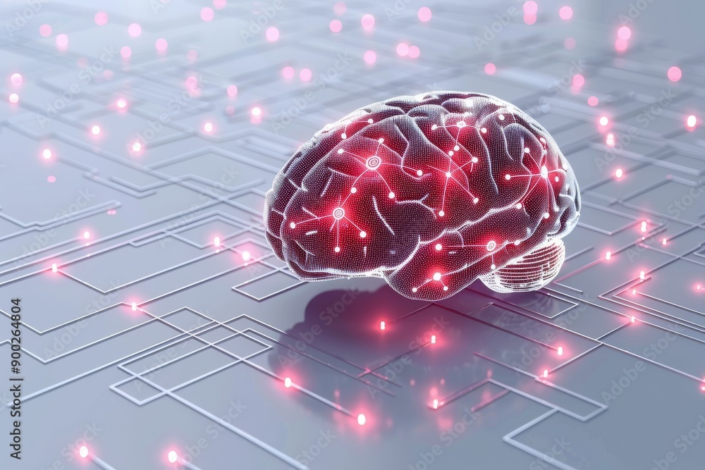 Poster neural brain on circuit board highlighting digital intelligence and advanced cognitive technology