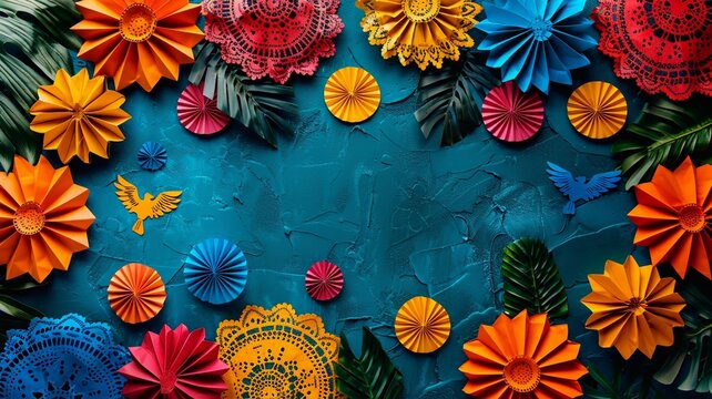 Festive celebration with Latin American flags and decorations, vibrant and colorful background