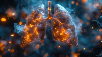 Fototapeta premium Futuristic Digital Visualization of Human Lungs with Glowing Neural Networks and Smoke Effects in a High-Tech Medical Concept
