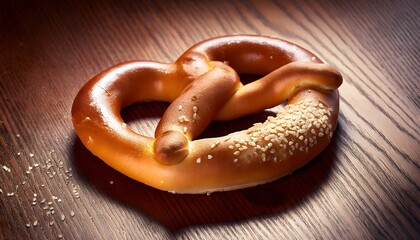 Freshly baked and golden pretzels on a wooden table
