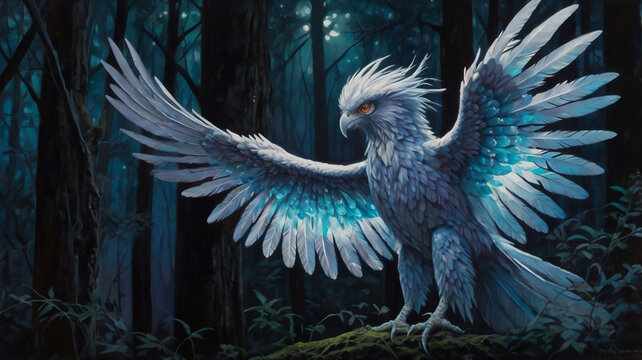 A mesmerizingly ethereal bioluminescent harpy, its feathery wings glowing with a soft, otherworldly light against a darkened forest backdrop - Powered by Adobe