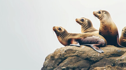 Fototapeta premium A group of California Sea Lions sit on a rock on white background with copy space.