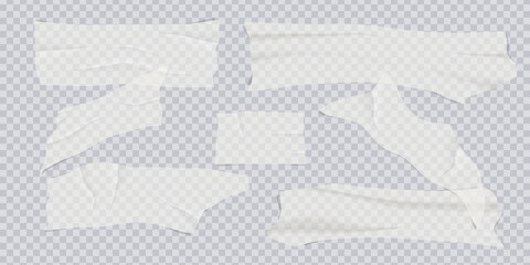 Transparent adhesive tape and adhesive sellotape. Sticky tapes with torn edges, adhesives piece of white taped. Sticky scotch, duct paper strips on checkered background. Realistic vector illustration