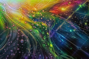 Naklejka premium Cosmic Bubbles. A vibrant, abstract image showcasing a celestial scene with colorful bubbles and swirling patterns, reminiscent of a nebula.