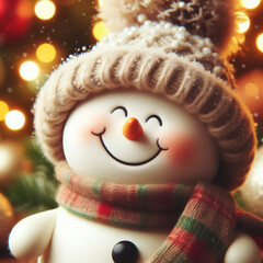 Closeup of cute funny laughing snowman with wool hat and scarf