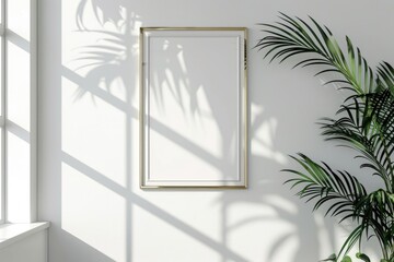 A decorative picture frame hangs beside a lush potted plant, perfect for home decor or office use