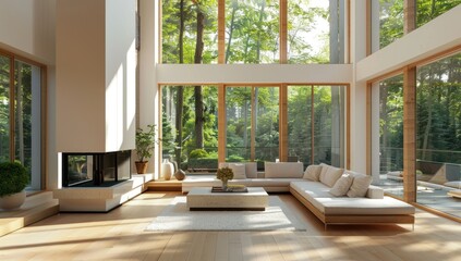 Fototapeta premium Modern Interior Design with Large Windows Offering a View of the Forest