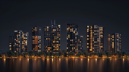 Fototapeta premium 3D model of city buildings with warm orange lighting on a dark background, creating a cozy and urban ambiance