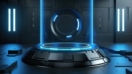 A product display background with a glowing blue neon light design on a black backdrop, creating a futuristic and high-tech ambiance