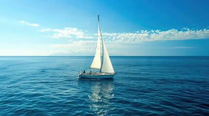 Fototapeta premium A white sailboat gliding on a calm blue sea under clear weather, symbolizing tranquility and adventure