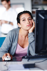 Business, computer and bored portrait of woman with burnout, tired and frustrated by project...