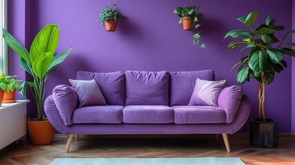   A cozy living room featuring a plush purple couch, lush potted plants, an elegant rug, and a stylish wooden floor