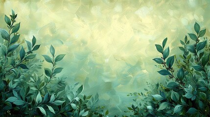   Green leaves and branches stand out on a light green background against a yellow sky in this painting