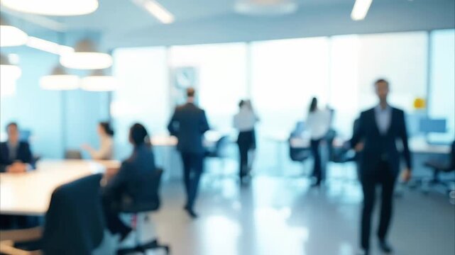 A blurred office environment with moving silhouettes of people in the background. 
