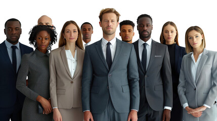Diverse Group of Professionals Posed Together in Formal Attire Against a White Background