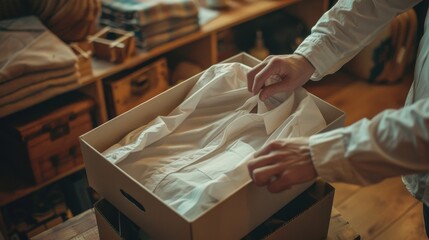 someone is putting a shirt in the paper box, unpacking of new clothes