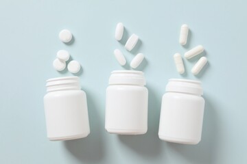 Various medicines and health pills poured from a medical white bottles, healthcare and medical top view on a color background.
