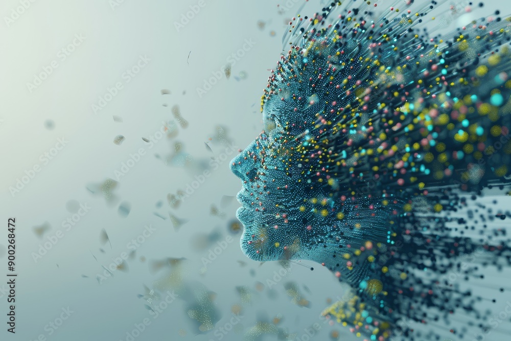 Poster abstract human head composed of tiny particles representing thought processes and connectivity