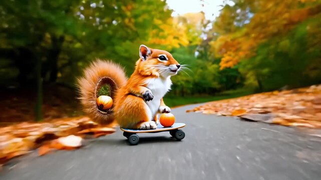 Playful squirrel riding a skateboard along a forest path during autumn, surrounded by colorful leaves.