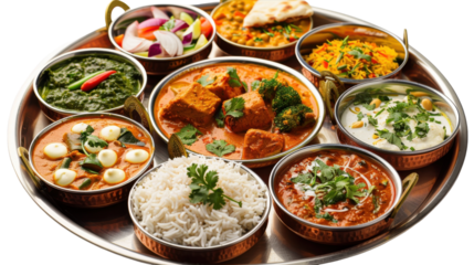 Colorful Indian Cuisine Platter Featuring Various Dishes, Served in a Traditional Thali