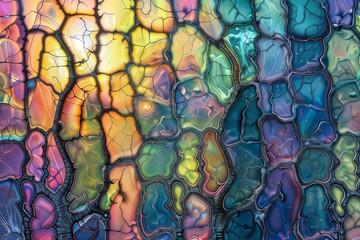 Vibrant Fluid Mosaic. Intricate pattern of colorful, flowing cells with iridescent highlights.