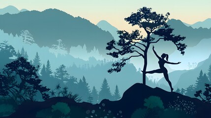 Obraz premium silhouette fitness girl practicing yoga on mountain. 
