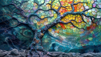 Vibrant Neural Network Tree. A digital artwork depicting a tree with neural network-inspired branches against a colorful mosaic background.: