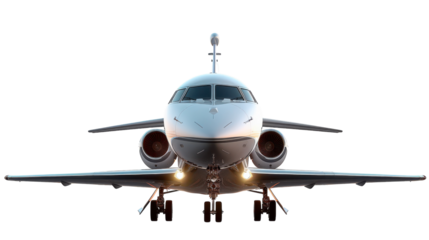 Modern Private Jet Landing on a Clear Day at an Airport With Bright Lights Illuminating the Front Nose